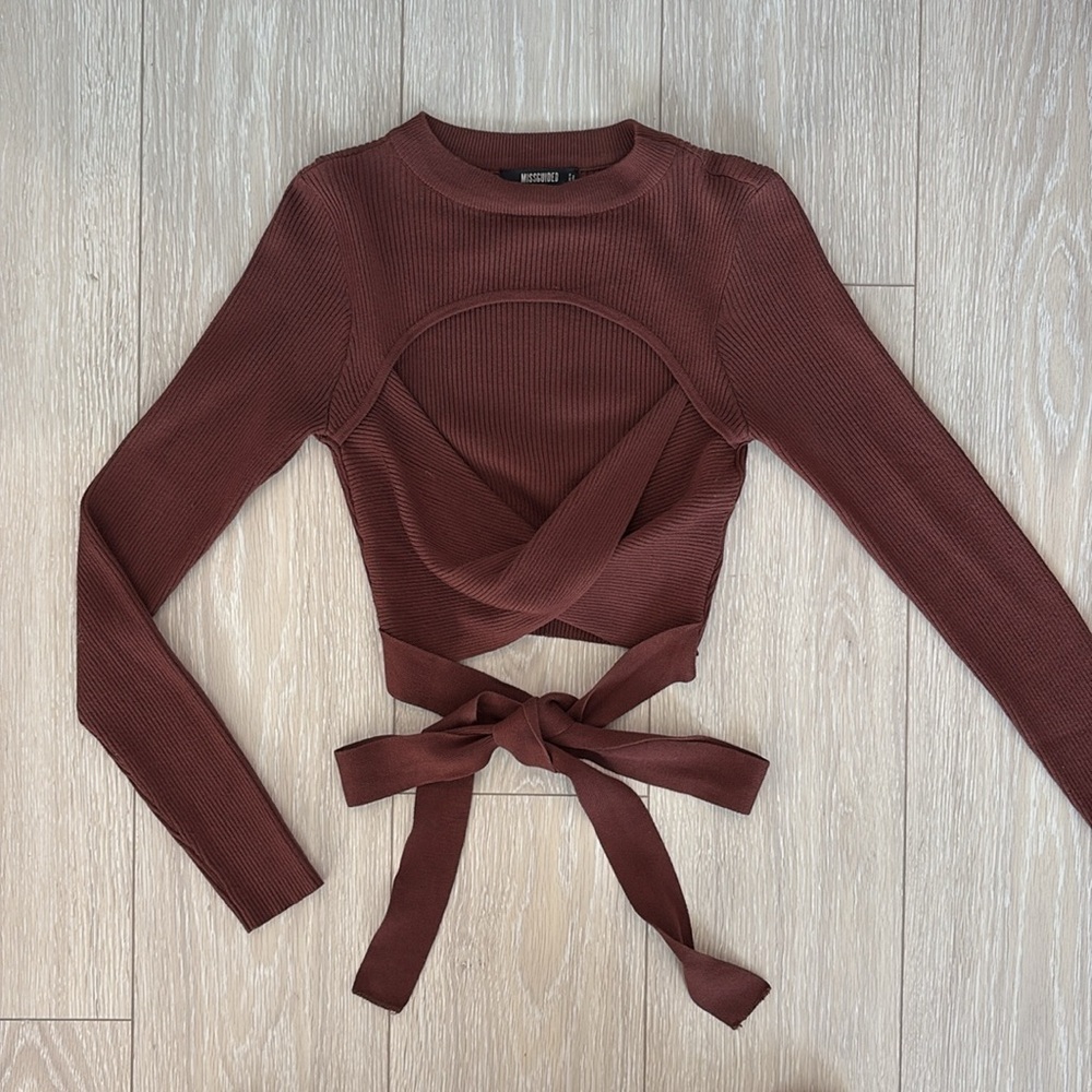 Missguided Tall Brown Cut Out Tie Sweater Top